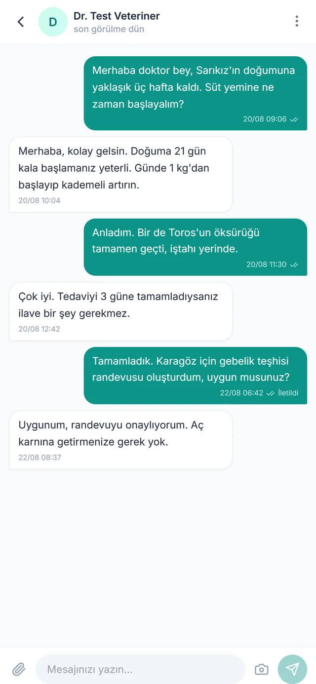 Veterinerle mesajlaşma ekranı